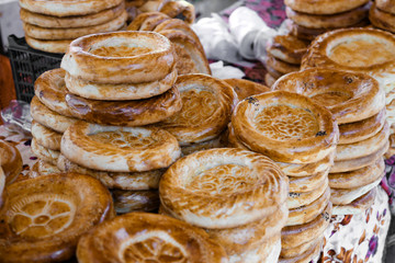 Tandyr nan bread at the traditional market in city of Bishkek
