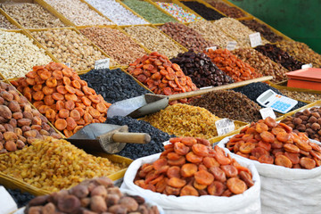 Dried fruits in bags on a traditional market in Bishkek Kyrgyzstan