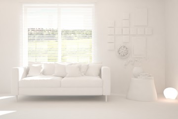 Mock up of stylish room in white color with sofa. Scandinavian interior design. 3D illustration