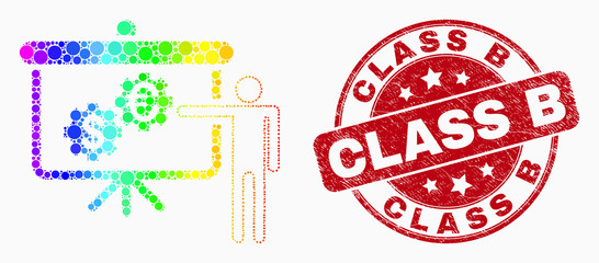 Obraz premium Pixel bright spectral financial engine presentation mosaic pictogram and Class B seal stamp. Red vector rounded textured stamp with Class B text. Vector combination in flat style.