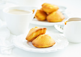 Madeleine french cookies with caramel. selective focus.
