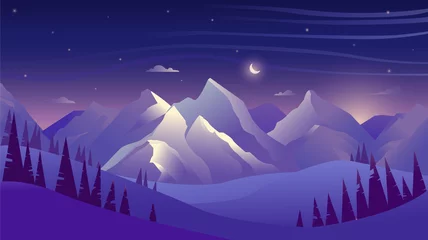 Peel and stick wall murals Violet Mountains and forest at night, sky with clouds and stars, beautiful landscape
