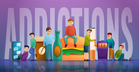 Addiction influence concept banner. Cartoon illustration of addiction influence vector concept banner for web design