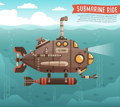 Steampunk submarine in the ocean. Fantastic retro submarine with periscope extended above the sea surface. Vector illustration.