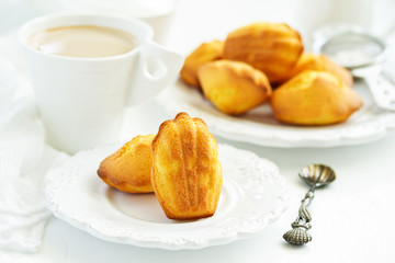 Madeleine french cookies with caramel. selective focus.