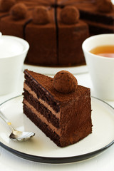 Chocolate cake. A slice of chocolate cake. Selective focus