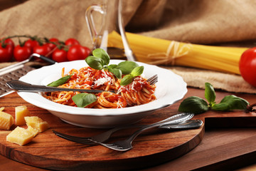 Plate of delicious spaghetti Bolognaise or Bolognese with savory minced beef and tomato sauce...