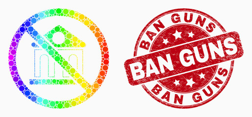 Dot spectrum forbidden bank mosaic pictogram and Ban Guns seal. Red vector rounded distress seal stamp with Ban Guns text. Vector collage in flat style.