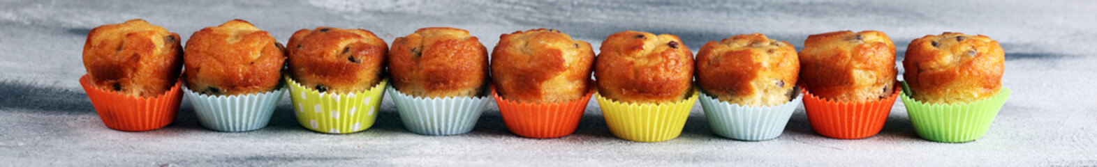 Chocolate muffin and nut muffin, homemade bakery on beautiful rustic background
