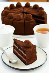 Chocolate cake. A slice of chocolate cake. Selective focus