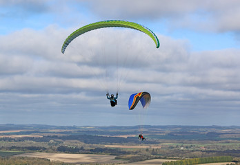 Paragliders flying at Combe Gibbet, England