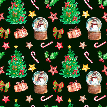 Christmas seamless pattern with hand painted red and green symbols of winter holidays. Christmas tree, snowman, candy cane, mistletoe, gift box on dark green background. Decorative New years print.