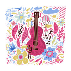 Fototapeta na wymiar Music festival vector illustration, guitar with floral flowers art. Small waman near huge guita. Hand drawn banner, poster, postcard or t-shirt print.