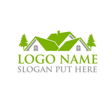 Home and pine tree logo design icon vector template.