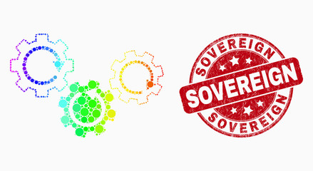 Dotted spectral gear mechanism mosaic pictogram and Sovereign seal. Red vector round scratched seal with Sovereign text. Vector combination in flat style.