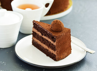 Chocolate cake. A slice of chocolate cake. Selective focus