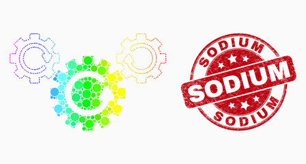 Pixel bright spectral gear rotation mosaic icon and Sodium seal. Red vector round scratched seal with Sodium phrase. Vector combination in flat style.