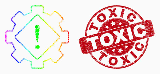 Dotted bright spectral gear warning mosaic pictogram and Toxic seal stamp. Red vector rounded textured seal stamp with Toxic caption. Vector collage in flat style.