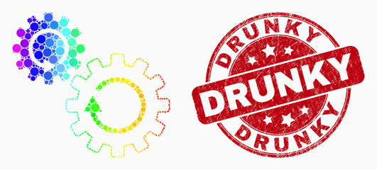 Dotted spectrum gears rotation mosaic icon and Drunky seal stamp. Red vector round scratched watermark with Drunky phrase. Vector combination in flat style.