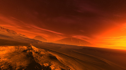 3D illustration of a fantastic sunrise on an alien planet. Dramatic extraterrestrial landscape