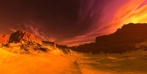 Naklejka na ściany i meble Fantasy alien landscape on a desert planet. 3D illustration
