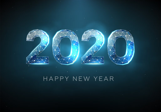 2020 blue text design. Low poly wireframe art on dark background. Happy New Year. Illustration in the form of a starry sky or space, consisting of points, lines, and shapes in the form of stars.Vector