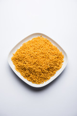 Aloo Bhujiya or Potato Bhujia also known as Namkeen sev. Popular Bikaneri recipe served in a bowl or plate. selective focus