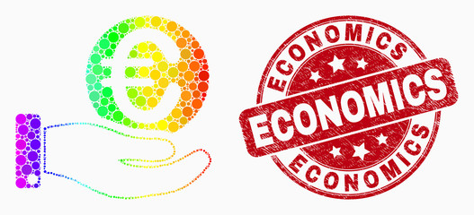 Dot spectrum hand offfer euro coin mosaic pictogram and Economics stamp. Red vector rounded grunge stamp with Economics phrase. Vector collage in flat style.