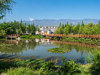 Fototapeta na wymiar Shore of a small Lake at a park in the city of Dali (Yunnan province - China).