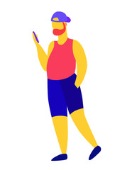 fat man in a cap of shorts and a T-shirt goes and holds the phone in his hands