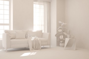 Mock up of stylish room in white color with sofa. Scandinavian interior design. 3D illustration