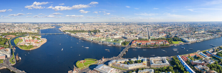 Large aerial panoramic view of Neva river in Saint Petersburg, Russia with many landmarks