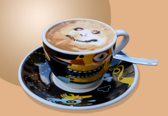 Cup of coffee latte and coffee beans isolated on pale gold background