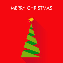 Logotipo con texto Merry Christmas con árbol abstracto como origami con sombra en fondo rojo