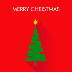 Logotipo con texto Merry Christmas con árbol abstracto con ramas con sombra en fondo rojo
