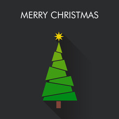 Logotipo con texto Merry Christmas con árbol abstracto en piezas con sombra en fondo gris