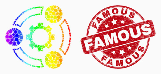 Pixel rainbow gradiented industrial cooperation mosaic pictogram and Famous stamp. Red vector round textured stamp with Famous message. Vector combination in flat style.