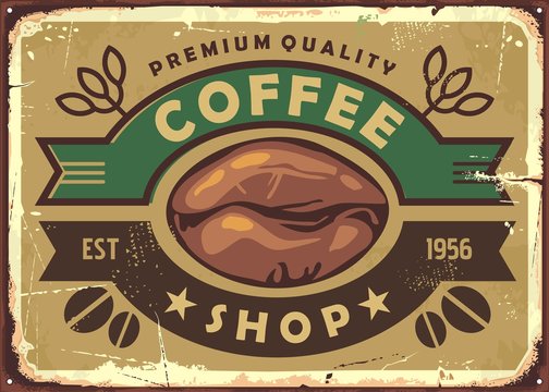 Coffee shop vintage old sign post with coffee bean and ribbon ornaments. Retro vector illustration.