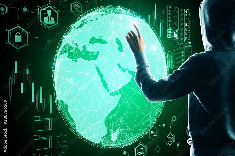Leinwandbilder business security concept with hacker touching digital screen with earth globe.