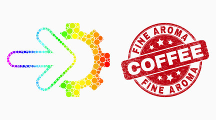 Dotted spectral integration gear mosaic icon and Fine Aroma Coffee seal. Red vector rounded scratched watermark with Fine Aroma Coffee title. Vector composition in flat style.