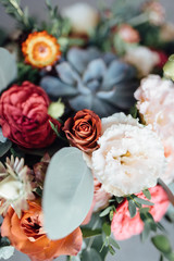 Bridal bouquet. The bride's bouquet. Beautiful bouquet of white, blue, pink flowers and greenery