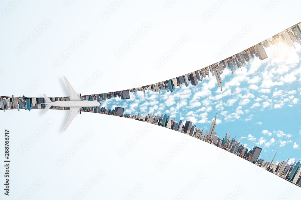 Poster new idea concept with airplane flying through megapolis city in the form of lightning.