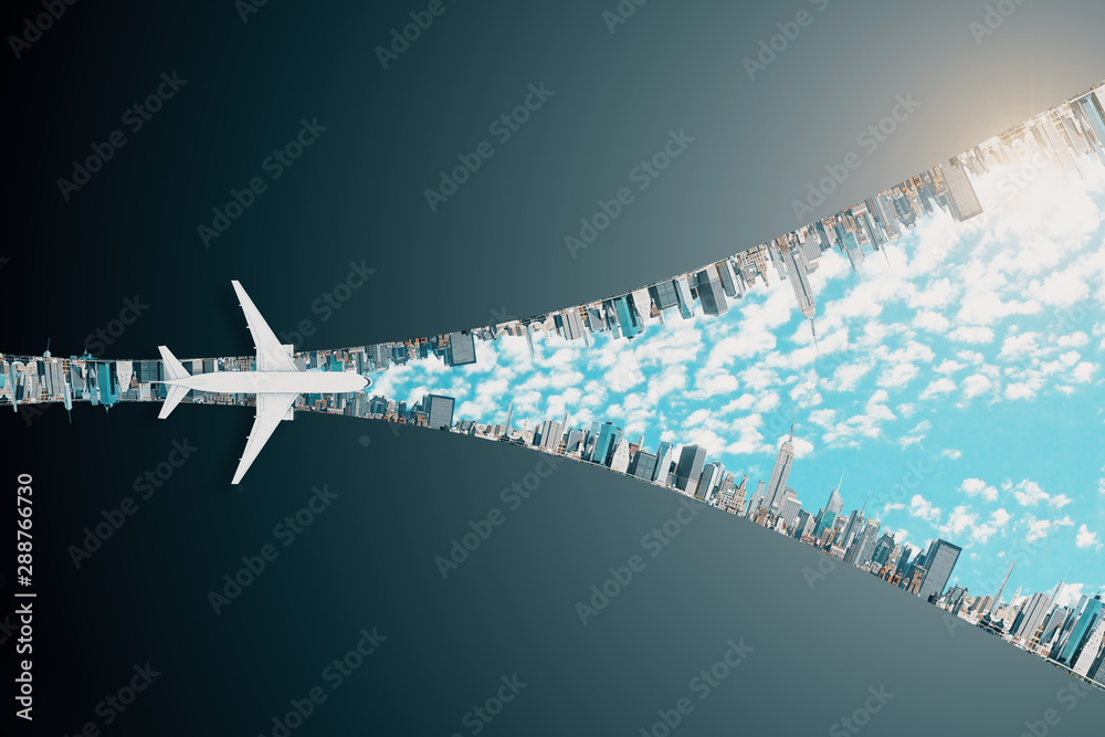 Poster Changes concept with airplane flying above megapolis city in the form of lightning.