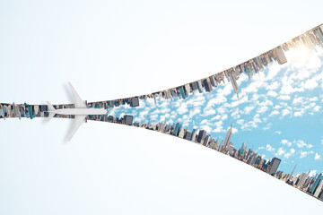New idea concept with airplane flying through megapolis city in the form of lightning.