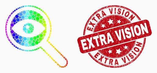Obraz premium Pixel rainbow gradiented investigate mosaic icon and Extra Vision watermark. Red vector rounded grunge watermark with Extra Vision message. Vector collage in flat style.