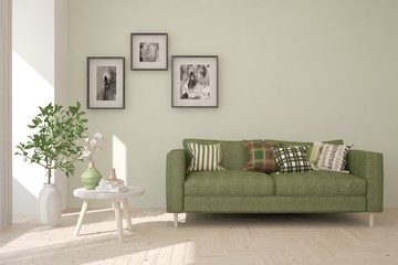 Stylish room in white color with sofa. Scandinavian interior design. 3D illustration