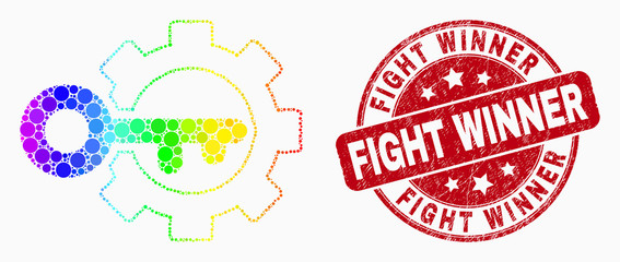 Dotted bright spectral key options gear mosaic icon and Fight Winner seal stamp. Red vector rounded textured seal with Fight Winner message. Vector collage in flat style.