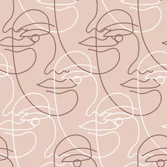 Behang Lijnkunst Naadloos vectorpatroon met één lijntekening van een gezicht