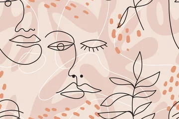 Behang Lijnkunst Minimaal elegant naadloos vectorpatroon met één lijn getekende gezichten