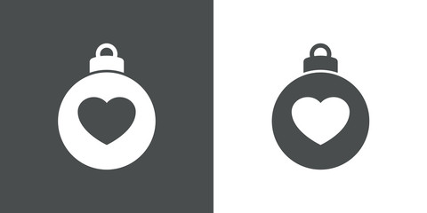 Icono plano bola de navidad con corazón centrado en gris y blanco